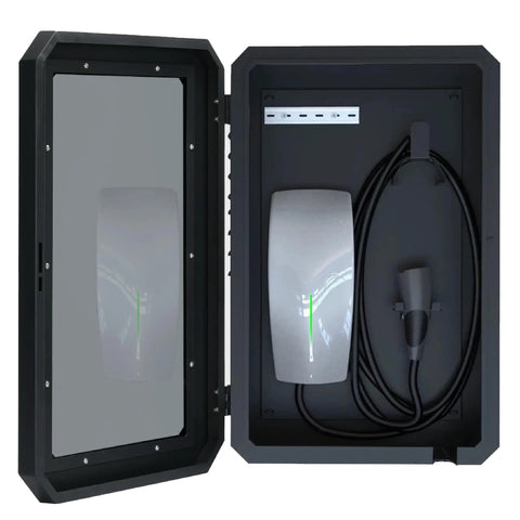 Open outdoor EV charger enclosure box with lock box, tempered glass front, and cable holder for Tesla wall charger.