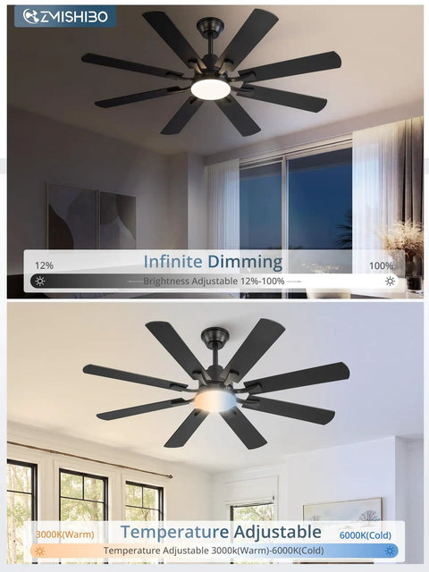 52 Inch Ceiling Fan With Light And Remote, 8 Blade Quiet DC Motor in modern living room, dimmable LED, stepless color temperature
