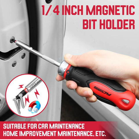 Quarter Inch Magnetic Ratcheting Screwdriver With Durable Bit Holder And No Slip Cushion Grip in use on car door