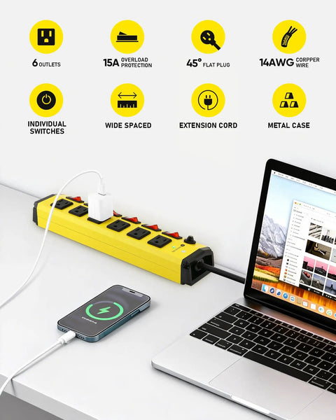 Heavy Duty Power Strip With Individual Switches Six Outlet Metal Workhorse Surge Protector 1200 Joules Flat Plug Design Six