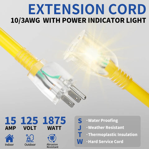 Heavy Duty 50 Foot Extension Cord With Lighted End For Indoor And Outdoor Use 10 Gauge Three Conductor Yellow Power Cable 15 Amp 125 Volt Oversized Plug And Receptacle For Safer Reliable Power Delivery. Yellow cord with lighted plug end