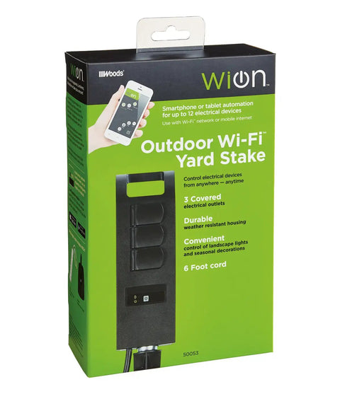 Outdoors WiFi Smart Yard Stake Plug With Three Weatherproof Outlets And Six Foot Cord Straight Up Easy Smartphone Control For Landscape Lighting And Patio Setup Totally Hub Free, packaging image.