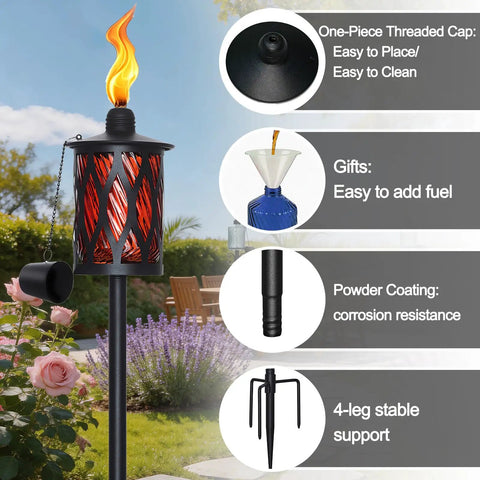 4 Pack Glass Outdoor Citronella Torches With 14 Oz Fuel, Adjustable 30 To 59 Inch Height, Multi Color Glass Flames On 4 Prong