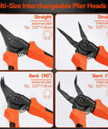 Multi-size interchangeable plier heads kit showing straight and bent options for Snap Ring Pliers Set For Internal And External Circlips Beefy Build 4 Jaw Options Straight And Bent Heavy Duty Retaining Ring Pliers For Bearing Installation And Removal Durable Carbon Steel With Rust Resistant Finish.