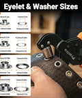 Close-up of All In One Grommet Tool Kit With Four Jaw Sizes setting grommets on leather, shown with eyelet and washer size chart.