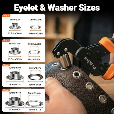 Close-up of All In One Grommet Tool Kit With Four Jaw Sizes setting grommets on leather, shown with eyelet and washer size chart.