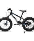 Side view of a Fat Tire Mountain Bike For Kids 20x4 Inch with dual disc brakes, suspension fork, 7-speed, designed for ages 8 to 15.