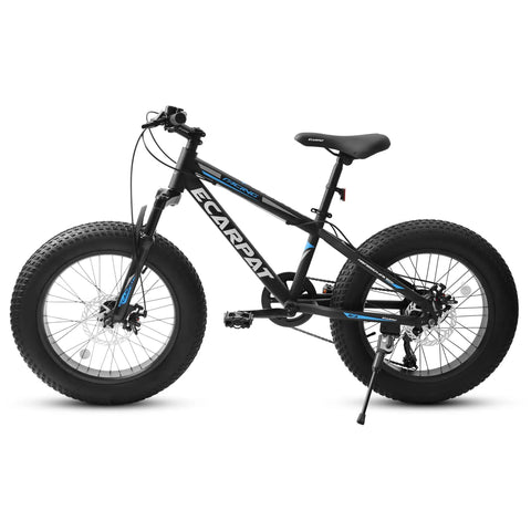 Side view of a Fat Tire Mountain Bike For Kids 20x4 Inch with dual disc brakes, suspension fork, 7-speed, designed for ages 8 to 15.