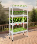4 Tier Indoor And Outdoor Hydroponic Grow Rack With 12 Pipes And 108 Plant Sites on a wooden deck, featuring foot pads and casters