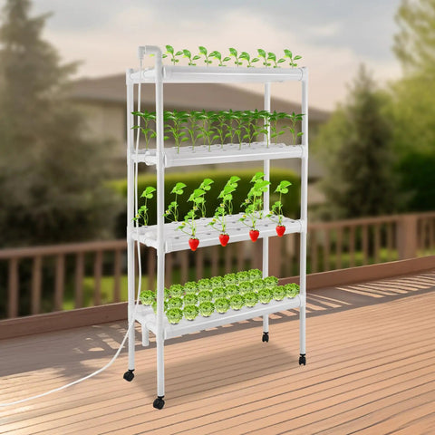 4 Tier Indoor And Outdoor Hydroponic Grow Rack With 12 Pipes And 108 Plant Sites on a wooden deck, featuring foot pads and casters