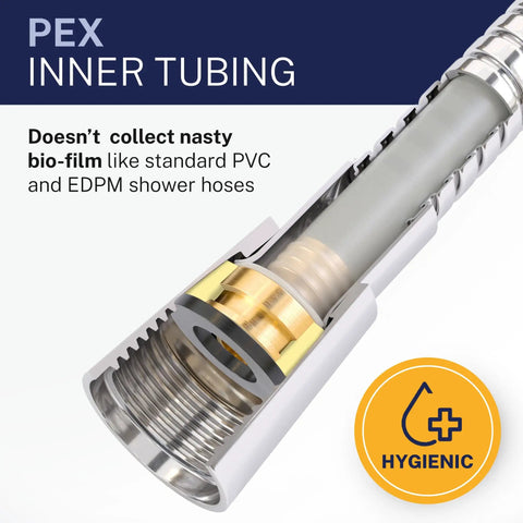 Cross-section view of Ultra Flexible Metal Shower Hose 72 Inch Chrome Stainless Steel With Silicone Core showing PEX inner tubing.