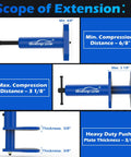 Beefy Pro Grade Multi Piston Brake Caliper Compression Tool showing extension range and heavy duty push plate thickness for cars and trucks.