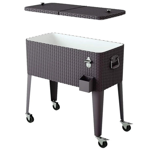 80 Quart Rattan Rolling Cooler Cart for Outdoor Patio Parties on Wheels with Brown Wicker Finish Keeps Drinks Cold for Up to 36 Hours