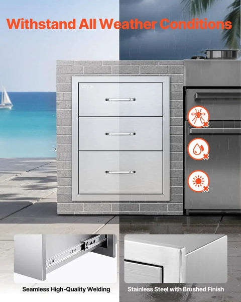 Outdoor Kitchen Drawers Stainless Steel Triple-Access Modular Cabinet For BBQ Island And Patio Grill Station, Three Equal Drawers For Easy Organization displayed outdoors, emphasizing all-weather durability and stainless finish.