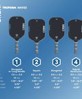 TruFoam Waves Paddle With Elongated Handle, Carbon Fiber Pickleball Paddle lineup with dimensions and features