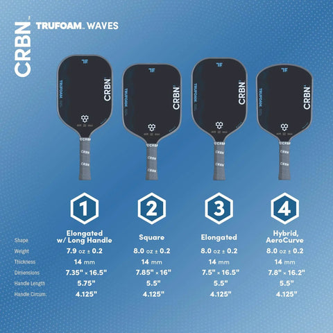 TruFoam Waves Paddle With Elongated Handle, Carbon Fiber Pickleball Paddle lineup with dimensions and features