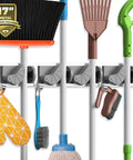 Wall Mount Mop Broom Organizer Rack With Four Slots And Four Hooks Heavy Duty Metal Tool Organizer for home spaces