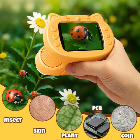 1000X Kid Friendly Digital Microscope With 2.4 Inch 4K IPS Display And 2MP Camera, standalone orange handheld microscope showing a ladybug on a leaf