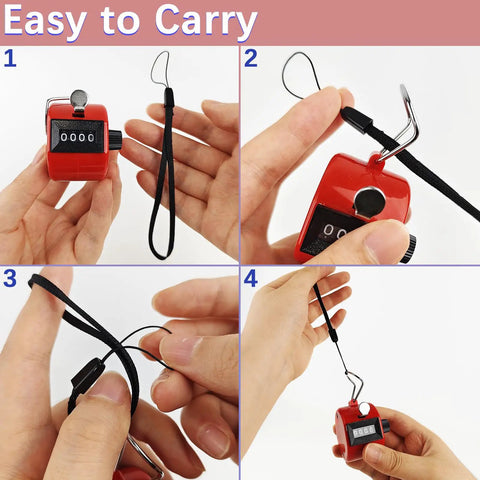 Hands demonstrating how to attach a strap to the Heavy Duty 2 Pack Metal Clicker Counter With 4 Digit Mechanical Hand Tally Display battery free.