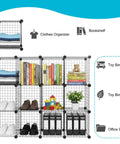 Wire Cube Storage Organizer Set Of 4 with clothes, books, and toys, stackable metal wire cubes for home and office shelving.