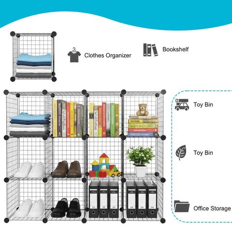 Wire Cube Storage Organizer Set Of 4 with clothes, books, and toys, stackable metal wire cubes for home and office shelving.