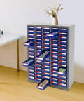 Heavy Duty Steel Parts Cabinet, 75 Drawer Bolt And Nut Sorter With Built In Dividers, grey and blue with drawers open for easy access.