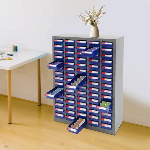 Heavy Duty Steel Parts Cabinet, 75 Drawer Bolt And Nut Sorter With Built In Dividers, grey and blue with drawers open for easy access.
