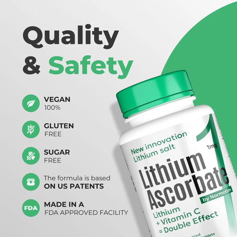 Front view of 60-count Lithium Ascorbate With Vitamin C Brain Boost Tablets for memory, mood support, cognitive clarity, stress relief.