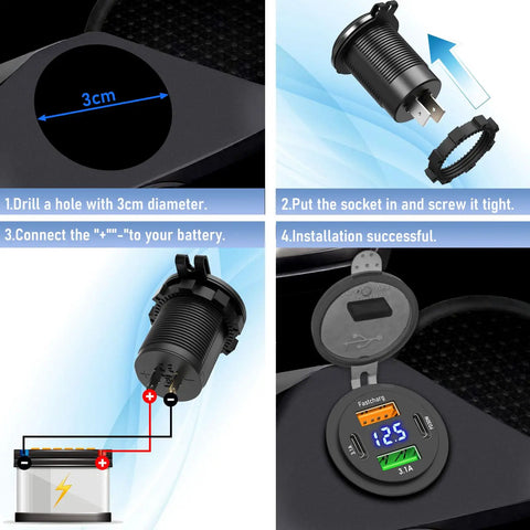 Installation steps for Hella Fast 66W 12V Car Charger With Four Ports Dual PD And Quick Charge 3.0 Digital Voltmeter.
