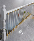 White Aluminum Railing Posts 37.4 Inch Deck Spindles 100 Pack With Adjustable Connectors And Shoe Base 270 Degree Angle Changeable No Sweat Setup Guardrail Uprights For Stairs showcased in indoor setting.