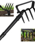 Close-up of 2 In 1 Garden Hoe Cultivator With 62 Inch Long Handle Stirrup Weeder And Soil Loosener Heavy Duty 4 Prong Tiller head