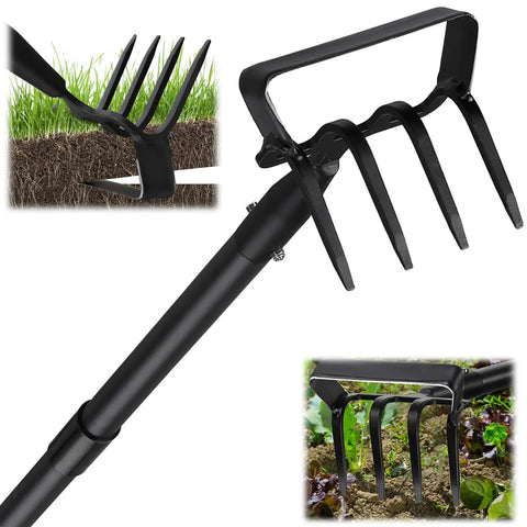 Close-up of 2 In 1 Garden Hoe Cultivator With 62 Inch Long Handle Stirrup Weeder And Soil Loosener Heavy Duty 4 Prong Tiller head