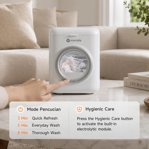 Slim Portable Mini Washer That Crushes Small Loads Without The Hassle A Real Game Changer For Dorm Life And Weekend Trips With Snappy USB C Charge, compact design with washing mode display.