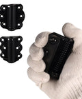 Self Closing Door Hinges Kit 3 Pack with 18 Screws includes adjustable hinge held in gloved hand, black finish, easy install