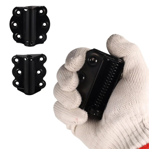 Self Closing Door Hinges Kit 3 Pack with 18 Screws includes adjustable hinge held in gloved hand, black finish, easy install