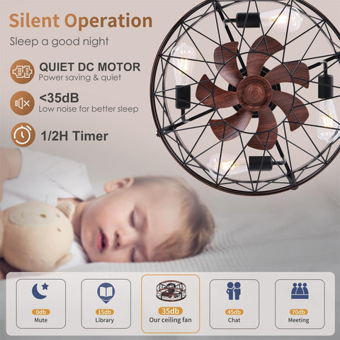 Bladeless Flush Mount Ceiling Fan With Lights 20 Inch Cage Style Remote Control Rustic design shown with sleeping child.