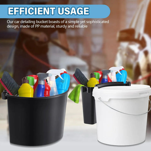 Two Pack Car Detailing Bucket Organizer Set With 10.2 x 7.8 x 5.5 Inch Buckets Caddy filled with cleaning tools against garage backdrop