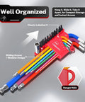 Magnetic Ball End Allen Wrench Set With Color Coded And Extra Long Arms, 40-Piece SAE And Metric Hex Key Set laid out in case