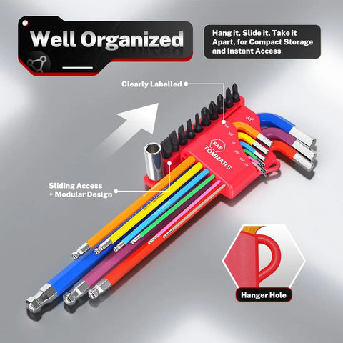 Magnetic Ball End Allen Wrench Set With Color Coded And Extra Long Arms, 40-Piece SAE And Metric Hex Key Set laid out in case