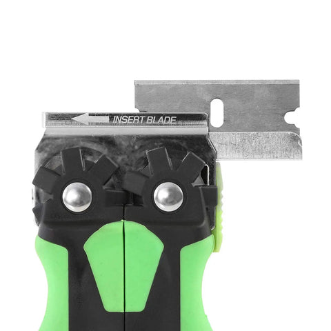 Close-up of heavy-duty razor blade inserted in green and black handle of 11 Piece Multi Purpose Razor Blade Scraper Kit With 10 Blades For Window Glass Sticker Removal And Flat Edge Plastic Scraper Tool DIY Friendly For Glass Paint Prep Decals Tint And More
