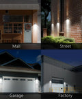 Beefy 30W LED Wall Pack Light With Dusk To Dawn Sensor, 3600 Lumens, installed on mall, street, garage, and factory walls at night.