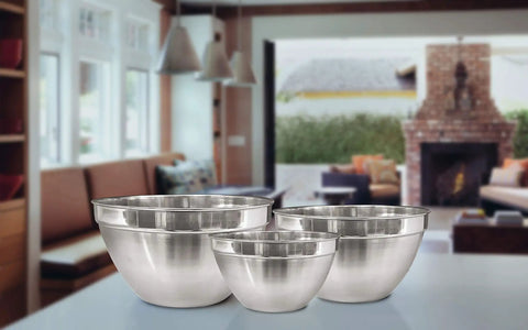 Three different sizes of V Shaped Stainless Steel Mixing Bowl, 3 Quart Capacity, Deep Bowl Design To Cut Splatter, Polished Finish
