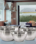 V Shaped 5 Qt Stainless Steel Mixing Bowl With Polished Finish Perfect For Baking Muffins Mixing Sauces And Melting Chocolate On A Double Boiler Durable Go To Kitchen Must Have For Home Cooks And Pros set of three in modern kitchen setting
