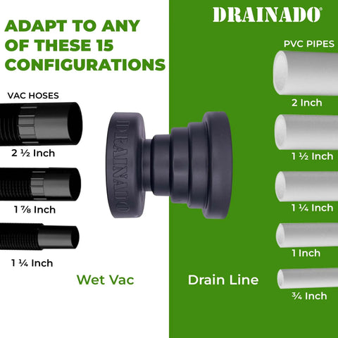 Universal Vacuum Hose To PVC Pipe Adapter For Easy AC Drain Line Unclogging displayed with hose and pipe size compatibility chart.