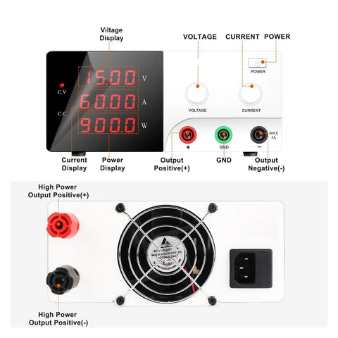 Front and back view of Beefy High Power Adjustable DC Power Supply For Lab Use with Digital Three LED Display and knobs.