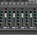 Close-up of 7 Channel Pro DJ Mixer Console With USB For Studio Karaoke And Live Gigs, showing faders and input jacks.