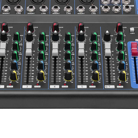 Close-up of 7 Channel Pro DJ Mixer Console With USB For Studio Karaoke And Live Gigs, showing faders and input jacks.
