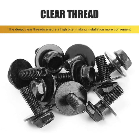 Black metal screws and bolts with clear threads from 100 Piece Car Screws And Bolts Kit Heavy Duty Undertray Screws Auto Body Fender Screws Splash Guard Clips And Universal U Nuts Kit Universal For Most Cars Trucks SUVs Black.