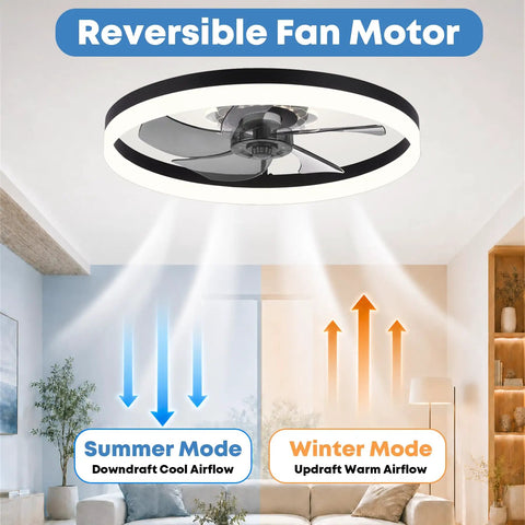 Smooth Breeze 20 Inch Ceiling Fan With Light And Remote Low Profile Flush Mount Dimmable Fandelier showing reversible motor and airflow directions.