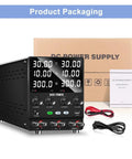 Dual Channel Adjustable Lab Power Supply 30V 10A With Independent CV and CC next to packaging box and user manual